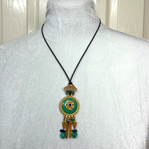 The Limited Statement Necklace Gold Green Turquoise Adjustable Leather cord - Picture 1 of 7